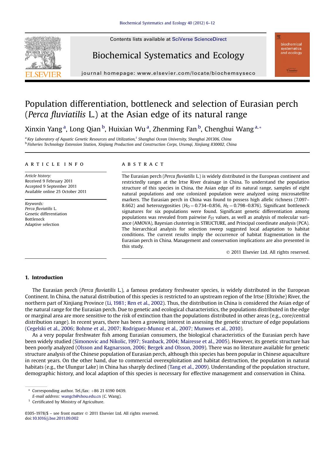 Population differentiation, bottleneck and selection of Eurasian perch (Perca fluviatilis L.) at the Asian edge of its natural range by Xinxin Yang & Long Qian & Huixian Wu & Zhenming Fan & Chenghui Wang