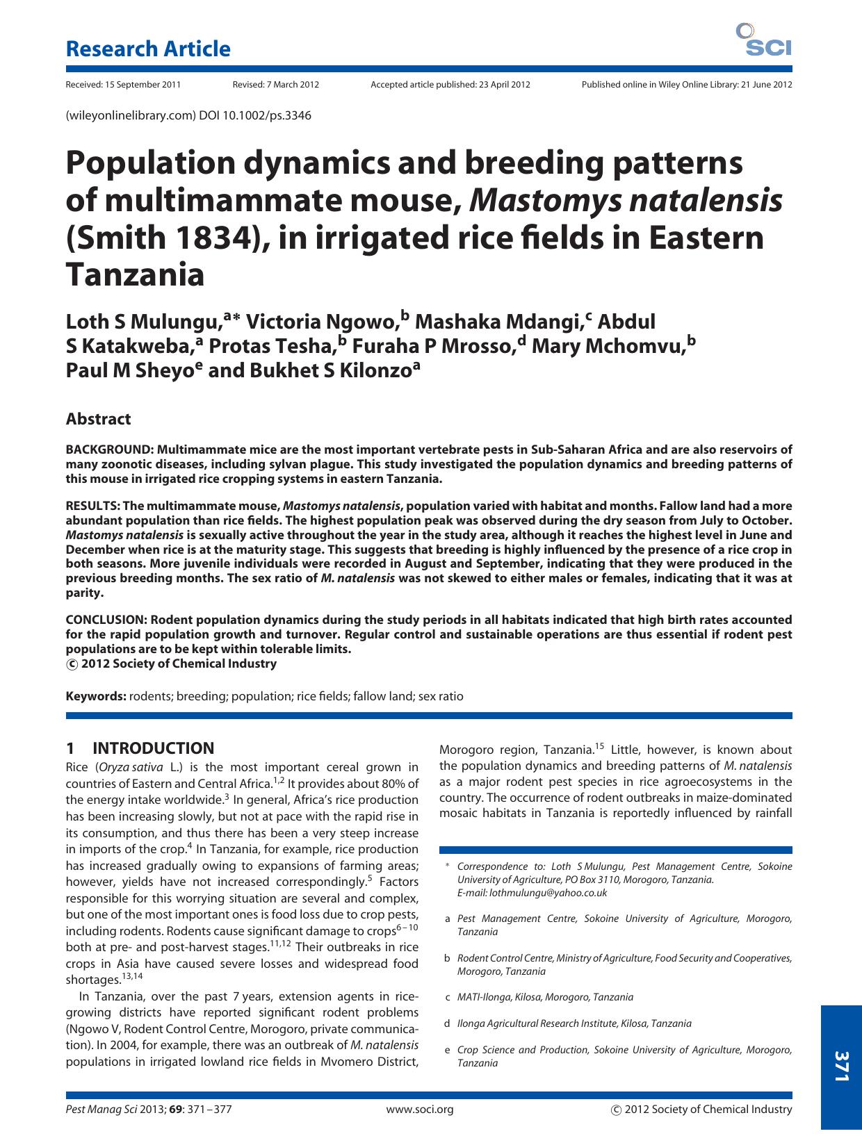 Population dynamics and breeding patterns of multimammate mouse, Mastomys natalensis (Smith 1834), in irrigated rice fields in Eastern Tanzania by Unknown