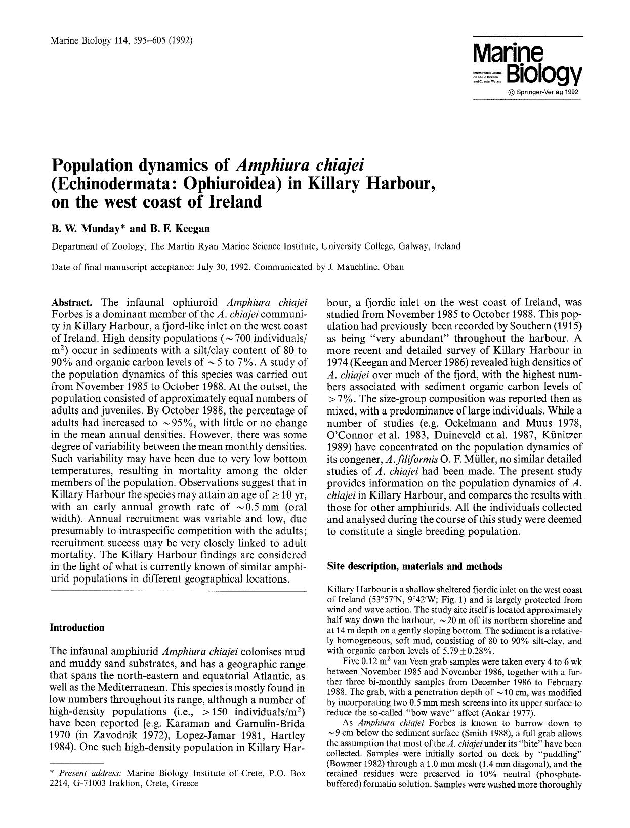 Population dynamics of <Emphasis Type="Italic">Amphiura chiajei<Emphasis> (Echinodermata: Ophiuroidea) in Killary Harbour, on the west coast of Ireland by Unknown