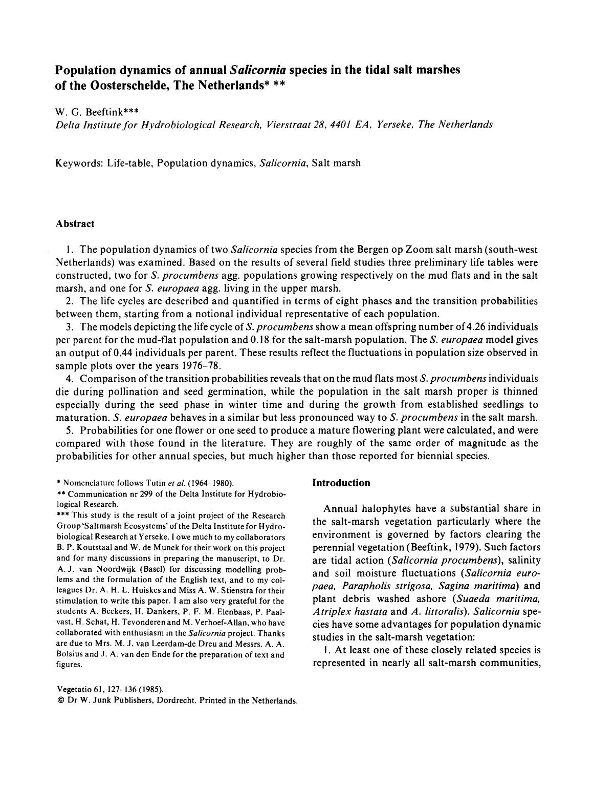 Population dynamics of annual <Emphasis Type="Italic">Salicornia<Emphasis> species in the tidal salt marshes of the Oosterschelde, The Netherlands by Unknown
