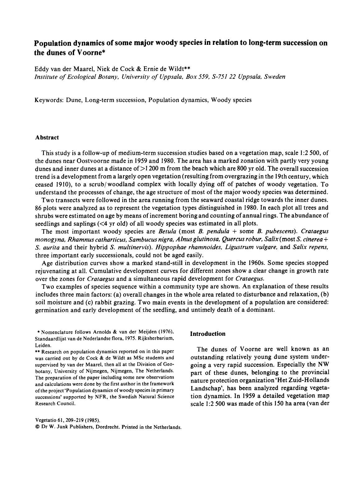 Population dynamics of some major woody species in relation to long-term succession on the dunes of Voorne by Unknown