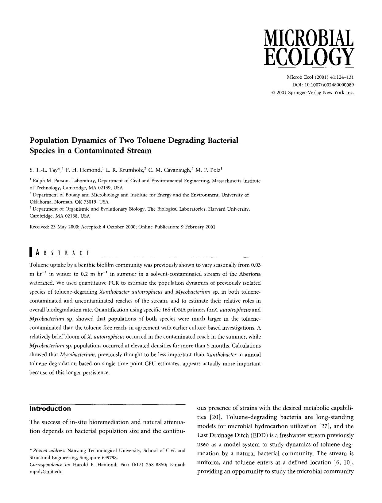 Population dynamics of two toluene degrading bacterial species in a contaminated stream by Unknown