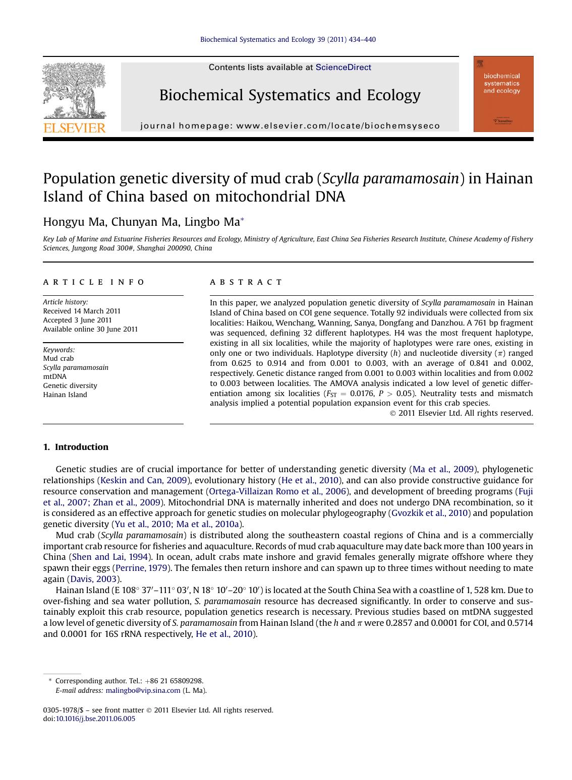 Population genetic diversity of mud crab (Scylla paramamosain) in Hainan Island of China based on mitochondrial DNA by Hongyu Ma & Chunyan Ma & Lingbo Ma