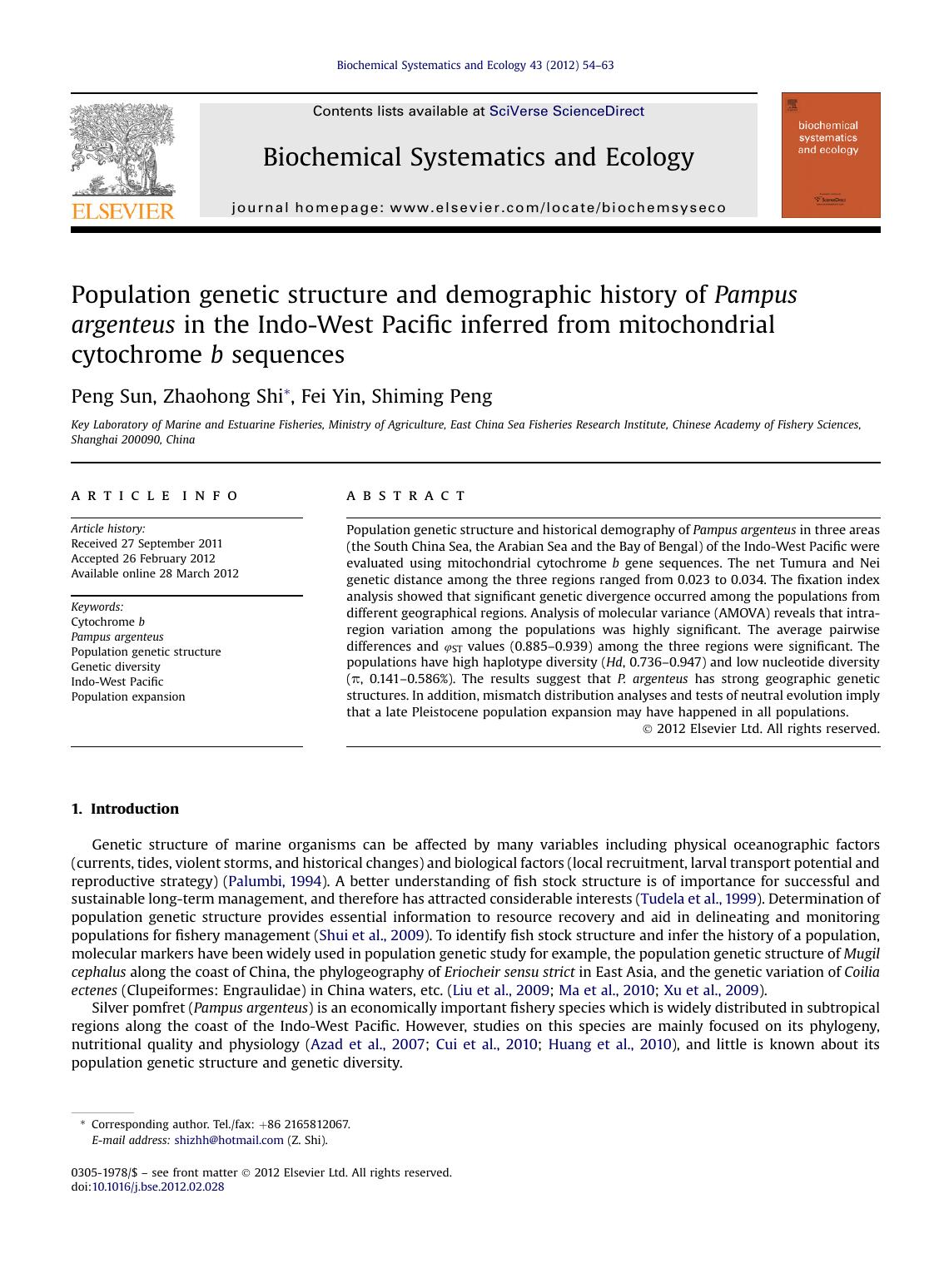 Population genetic structure and demographic history of Pampus argenteus in the Indo-West Pacific inferred from mitochondrial cytochrome b sequences by Peng Sun & Zhaohong Shi & Fei Yin & Shiming Peng