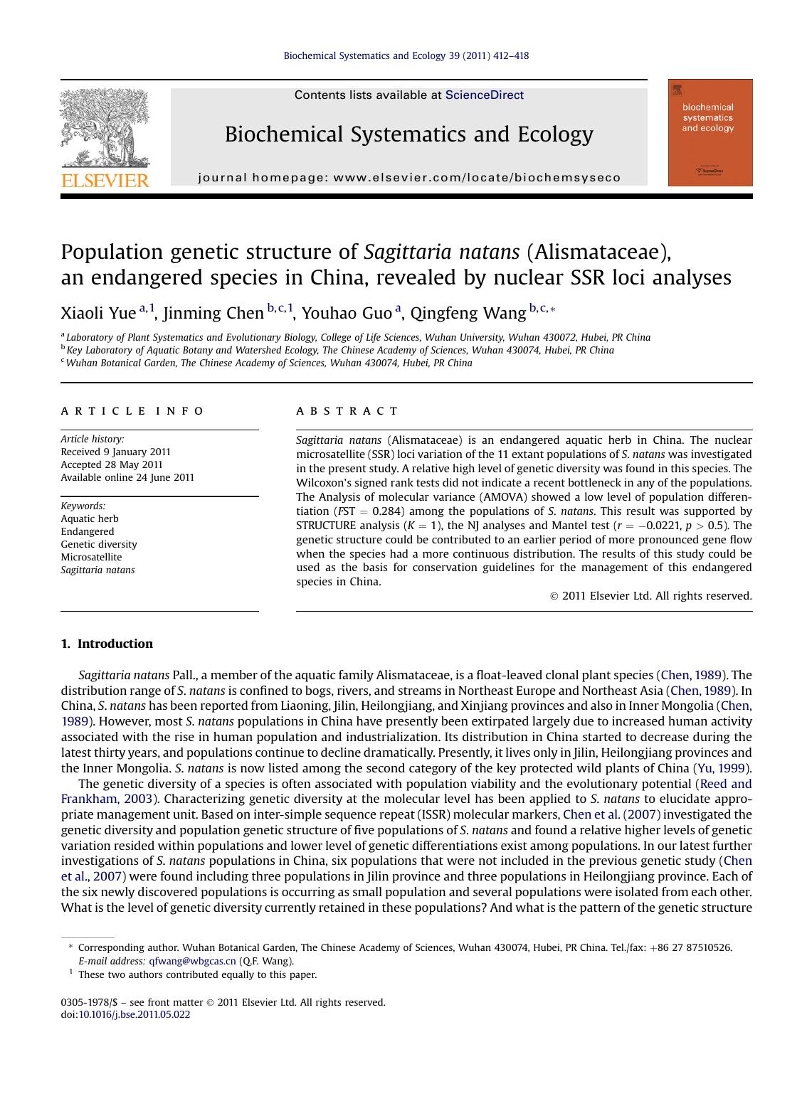 Population genetic structure of Sagittaria natans (Alismataceae), an endangered species in China, revealed by nuclear SSR loci analyses by Xiaoli Yue & Jinming Chen & Youhao Guo & Qingfeng Wang