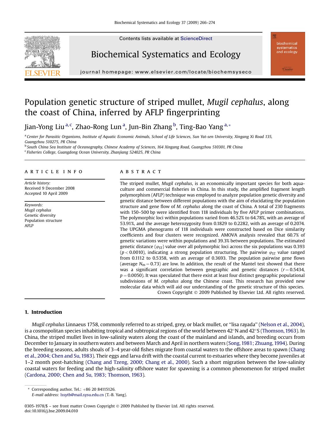 Population genetic structure of striped mullet, Mugil cephalus, along the coast of China, inferred by AFLP fingerprinting by Jian-Yong Liu; Zhao-Rong Lun; Jun-Bin Zhang; Ting-Bao Yang