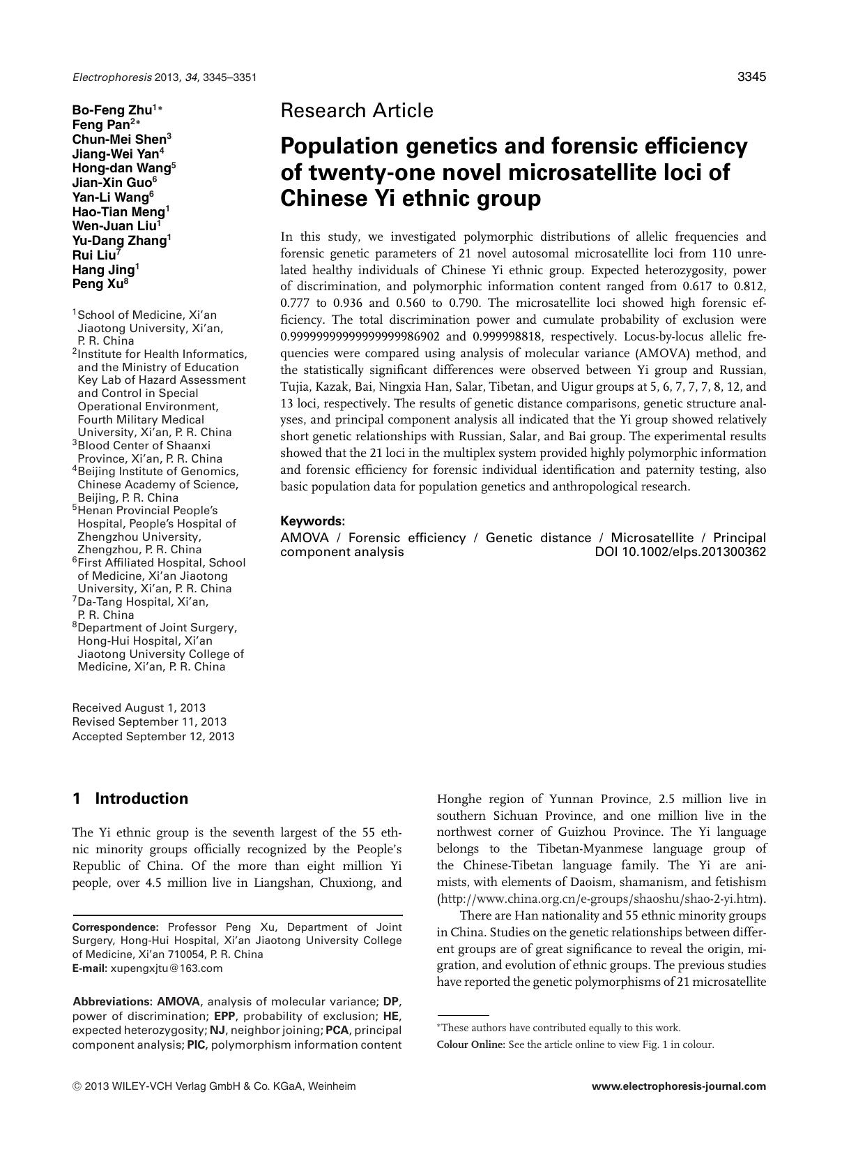 Population genetics and forensic efficiency of twenty&#x02010;one novel microsatellite loci of Chinese Yi ethnic group by Unknown