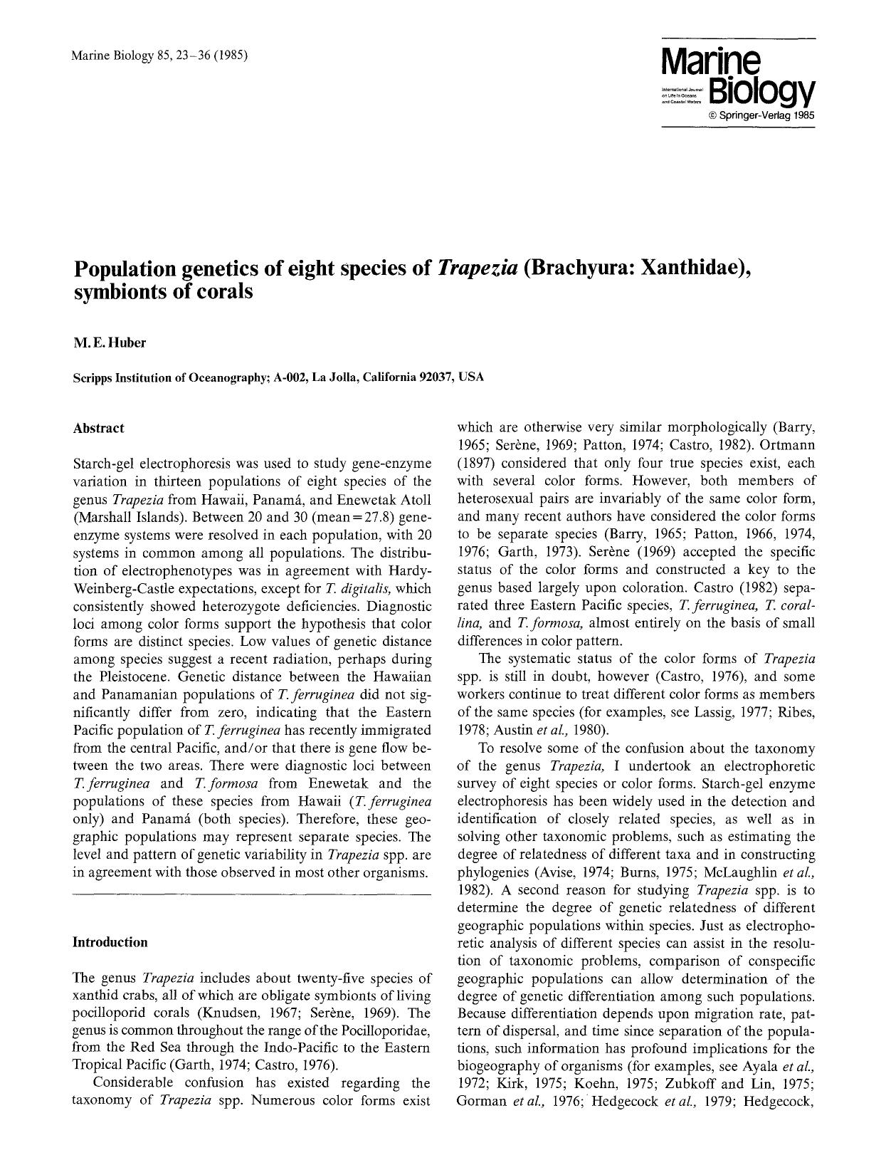 Population genetics of eight species of <Emphasis Type="Italic">Trapezia<Emphasis> (Brachyura: Xanthidae), symbionts of corals by Unknown