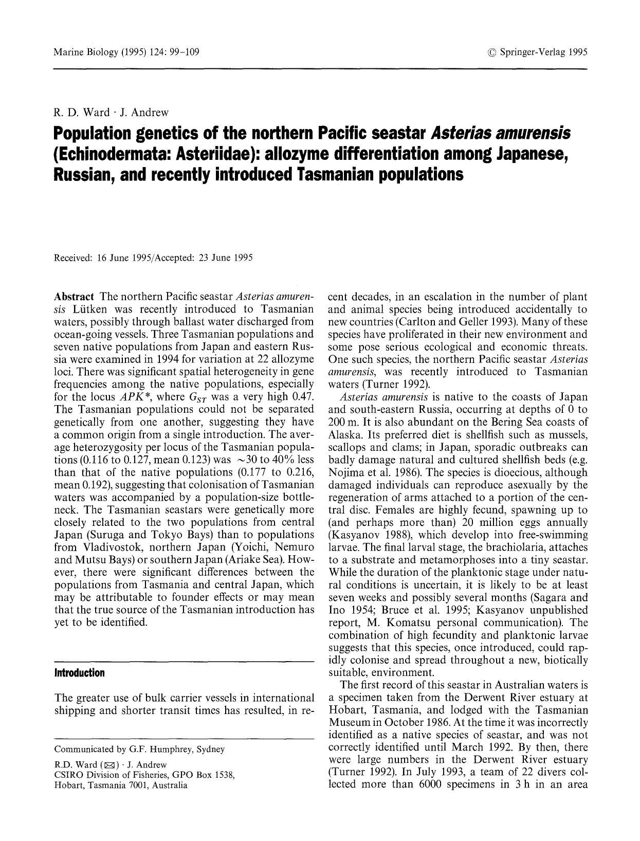 Population genetics of the northern Pacific seastar <Emphasis Type="Italic">Asterias amurensis<Emphasis> (Echinodermata: Asteriidae): allozyme differentiation among Japanese, Russi by Unknown