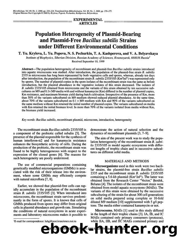 Population heterogeneity of plasmid-bearing and plasmid-free <Emphasis Type="Italic">Bacillus subtilis <Emphasis> strains under different environmental conditions by Unknown