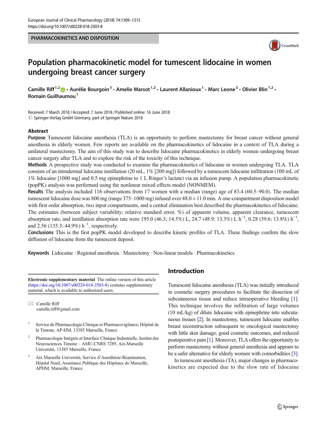 Population pharmacokinetic model for tumescent lidocaine in women undergoing breast cancer surgery by unknow