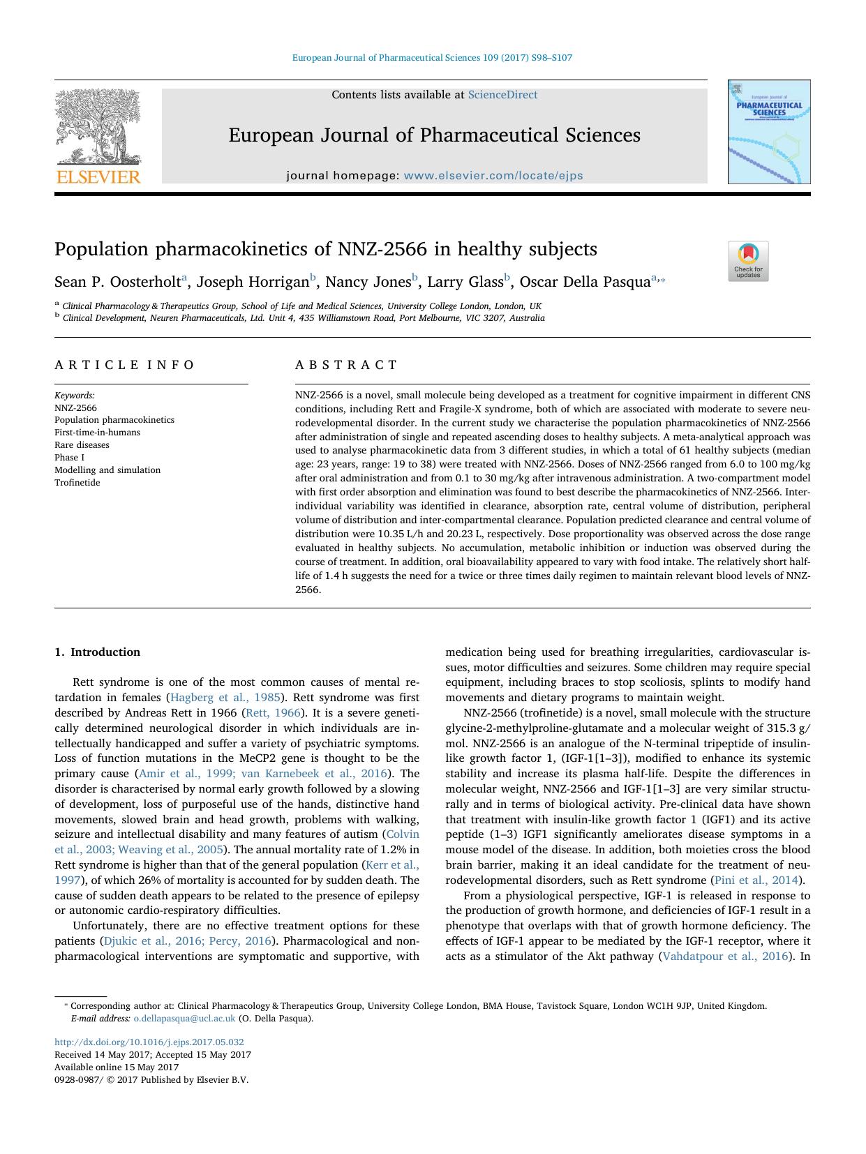 Population pharmacokinetics of NNZ-2566 in healthy subjects by Sean P. Oosterholt & Joseph Horrigan & Nancy Jones & Larry Glass & Oscar Della Pasqua