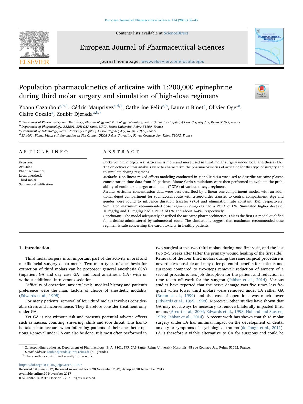 Population pharmacokinetics of articaine with 1_200,000 epinephrine during third molar surgery and simulation of high-dose regimens by unknow
