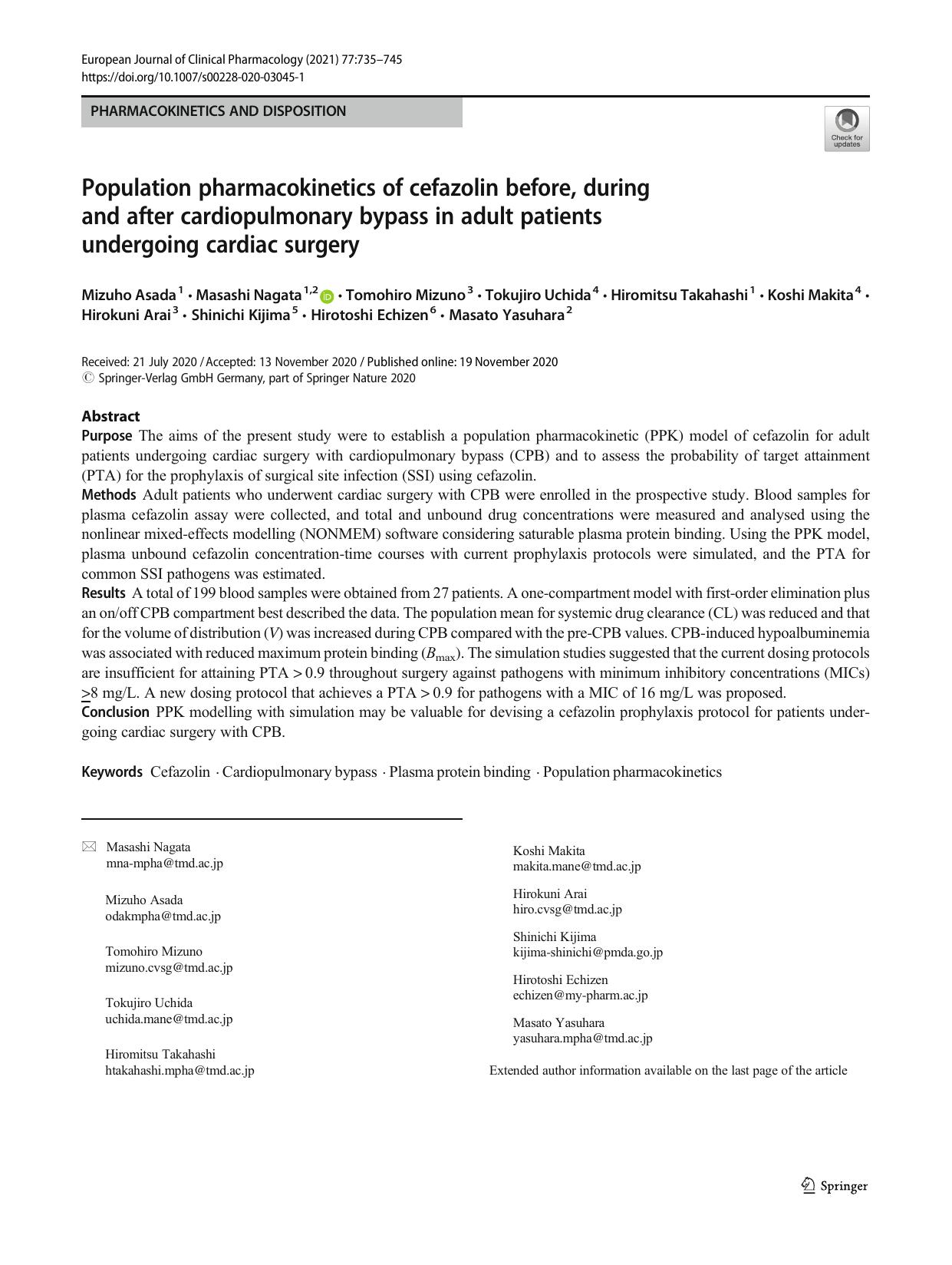 Population pharmacokinetics of cefazolin before, during and after cardiopulmonary bypass in adult patients undergoing cardiac surgery by unknow