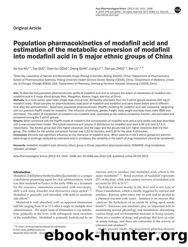 Population pharmacokinetics of modafinil acid and estimation of the metabolic conversion of modafinil into modafinil acid in 5 major ethnic groups of China by Ke-hua Wu & Tao Guo & Chen-hui Deng & Zheng Guan & Liang Li & Tian-yan Zhou & Wei Lu