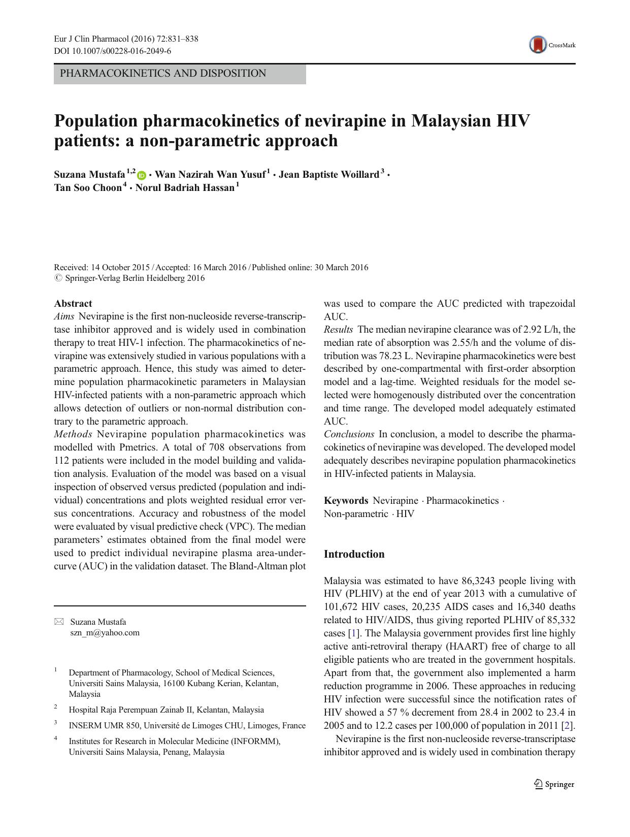 Population pharmacokinetics of nevirapine in Malaysian HIV patients: a non-parametric approach by unknow