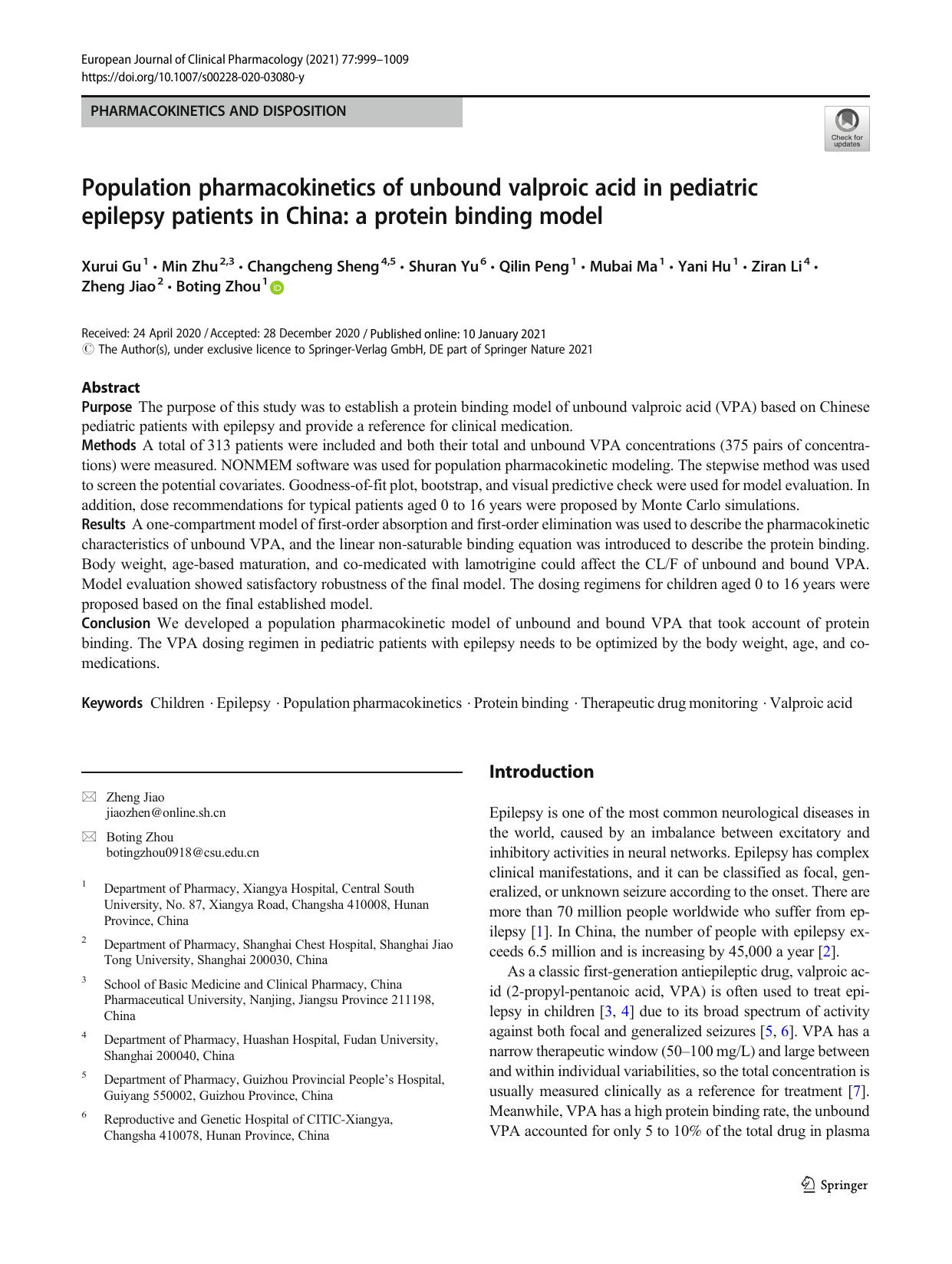 Population pharmacokinetics of unbound valproic acid in pediatric epilepsy patients in China: a protein binding model by unknow