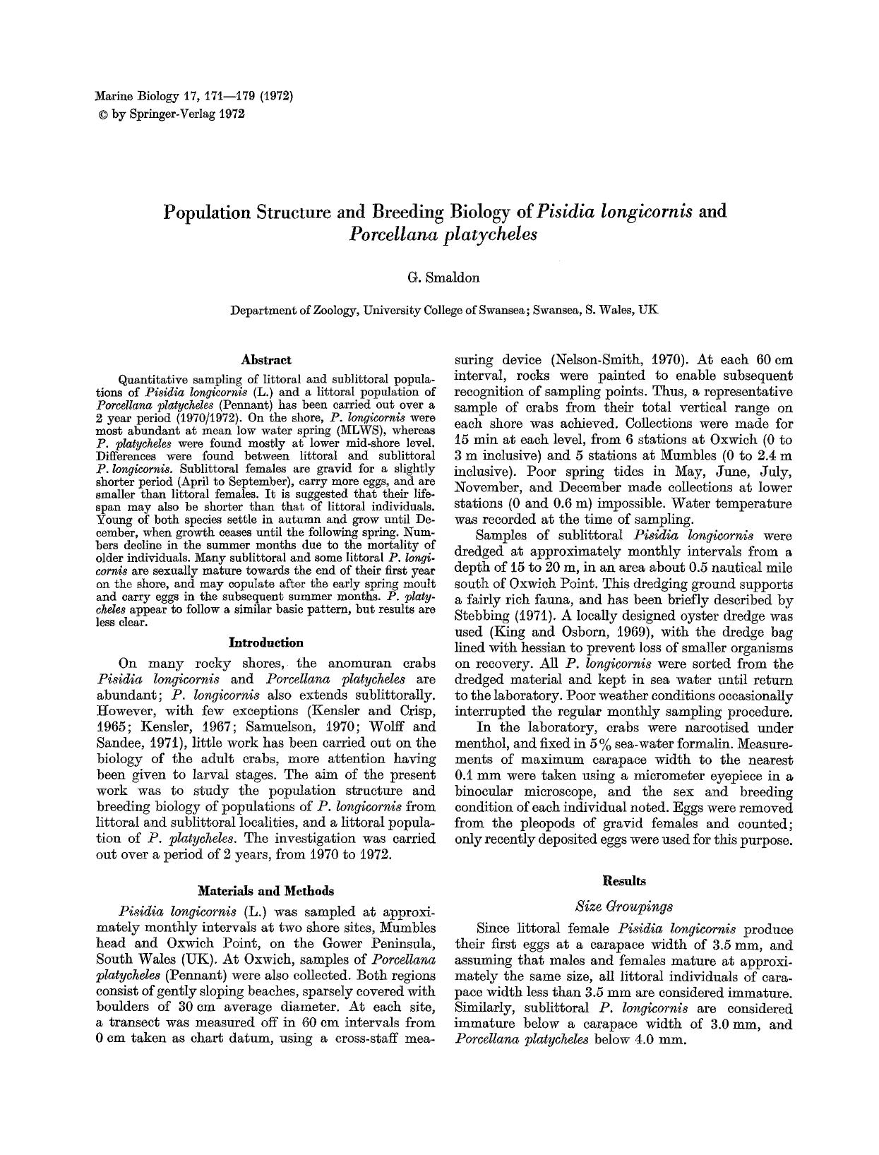 Population structure and breeding biology of <Emphasis Type="Italic">Pisidia longicornis<Emphasis> and <Emphasis Type="Italic">Porcellana platycheles<Emphasis> by Unknown