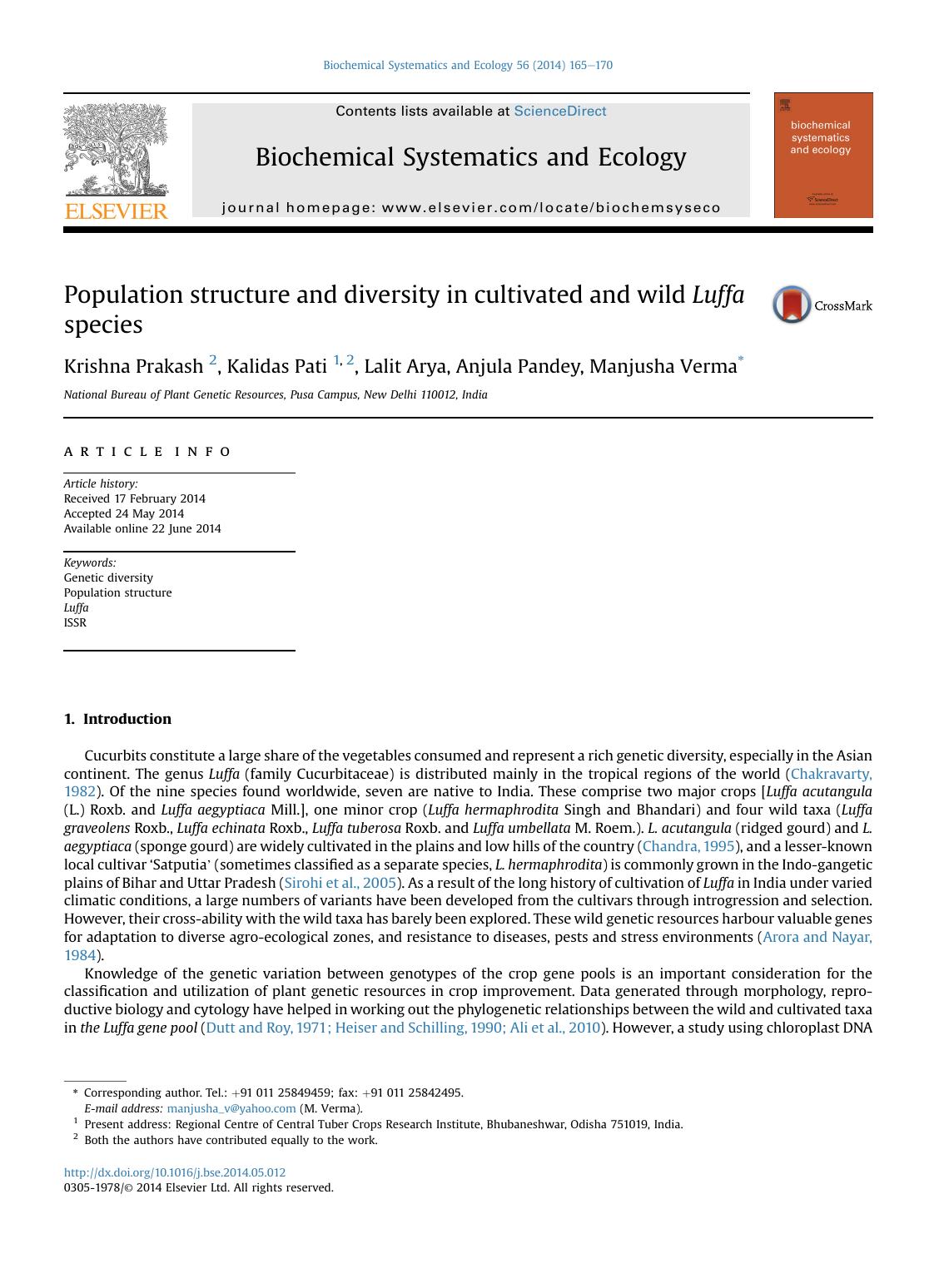 Population structure and diversity in cultivated and wild Luffa species by Krishna Prakash & Kalidas Pati & Lalit Arya & Anjula Pandey & Manjusha Verma