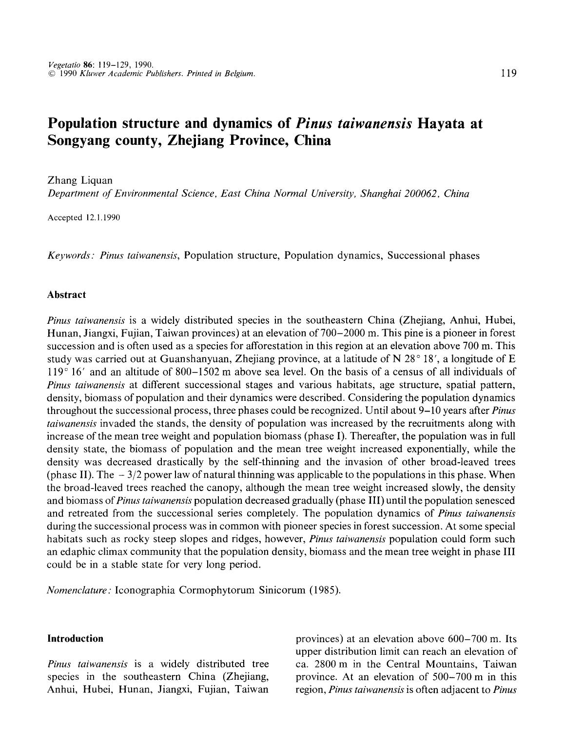 Population structure and dynamics of <Emphasis Type="Italic">Pinus taiwanensis <Emphasis> Hayata at Songyang county, Zhejiang Province, China by Unknown