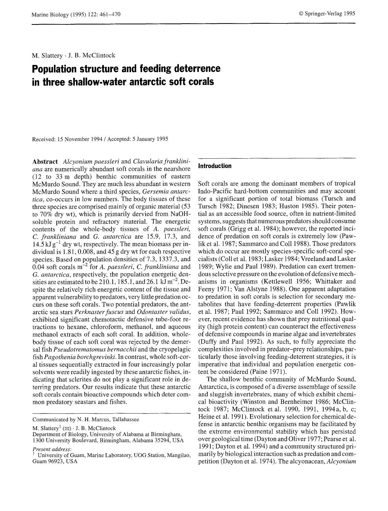 Population structure and feeding deterrence in three shallow-water antarctic soft corals by Unknown