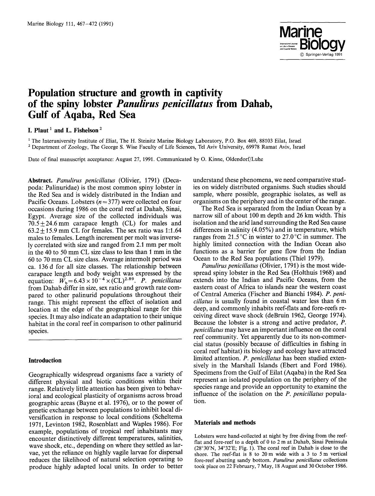 Population structure and growth in captivity of the spiny lobster <Emphasis Type="Italic">Panulirus penicillatus <Emphasis> from Dahab, Gulf of Aqaba, Red Sea by Unknown