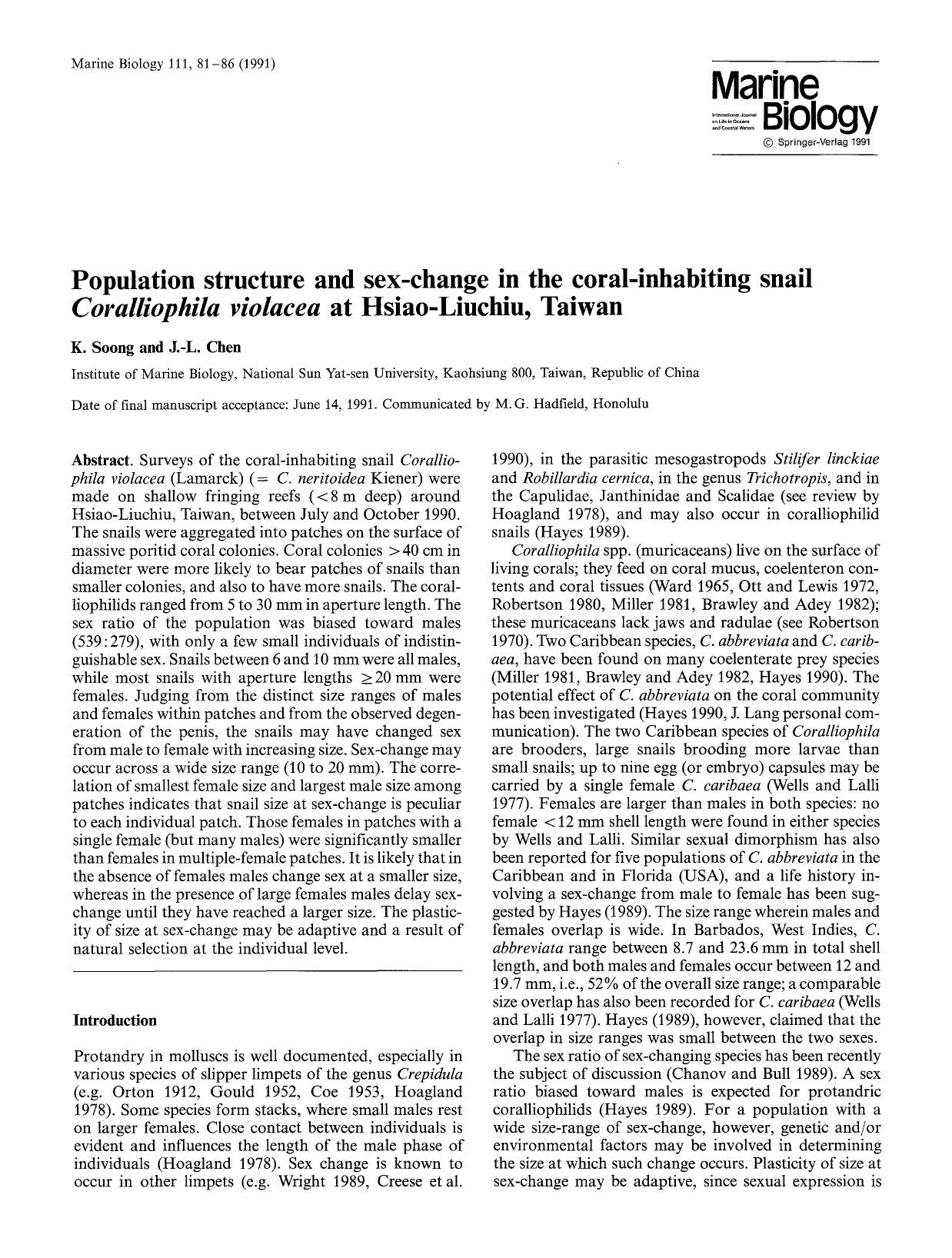 Population structure and sex-change in the coral-inhabiting snail <Emphasis Type="Italic">Coralliophila violacea <Emphasis> at Hsiao-Liuchiu, Taiwan by Unknown