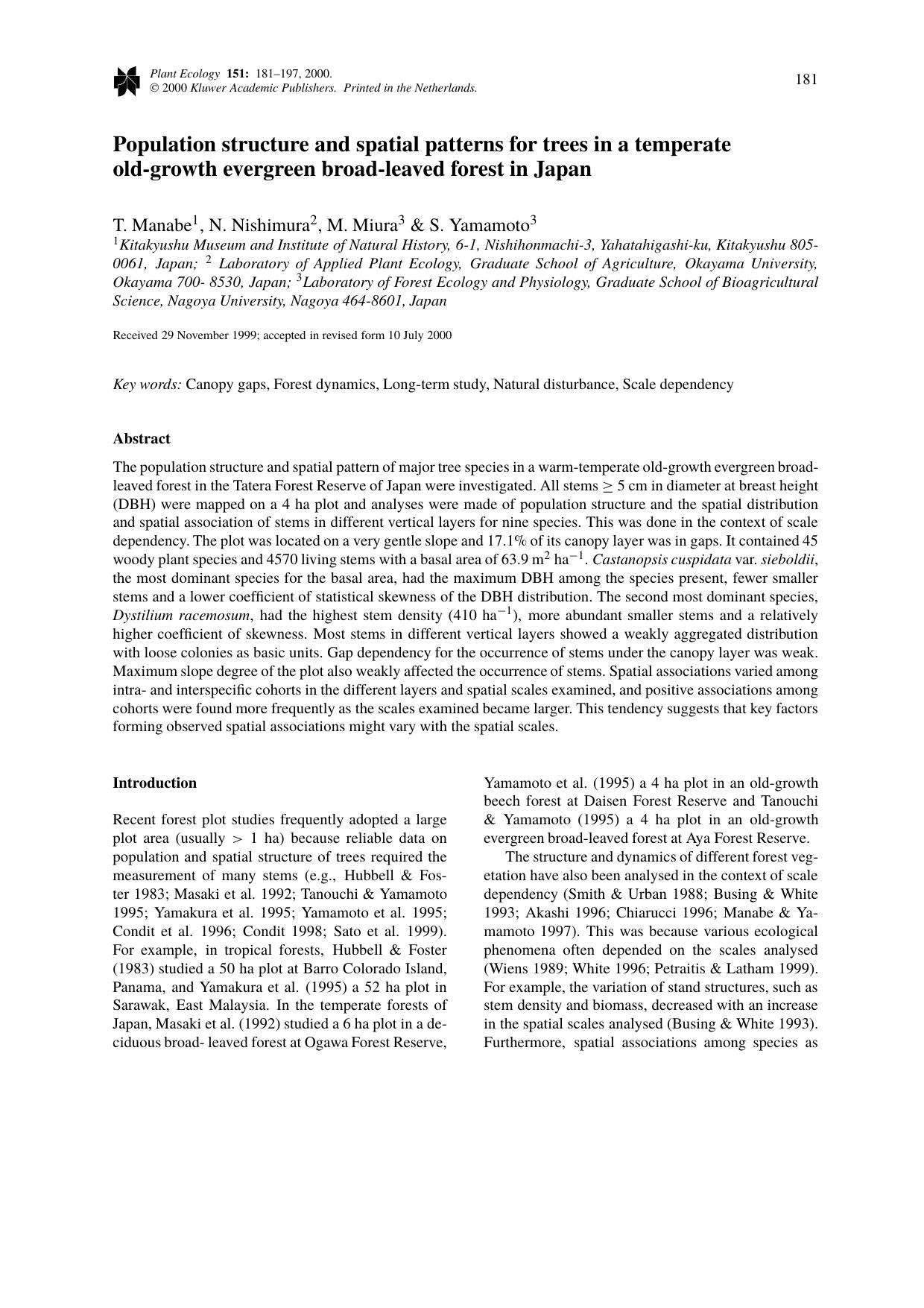 Population structure and spatial patterns for trees in a temperate old-growth evergreen broad-leaved forest in Japan by Unknown