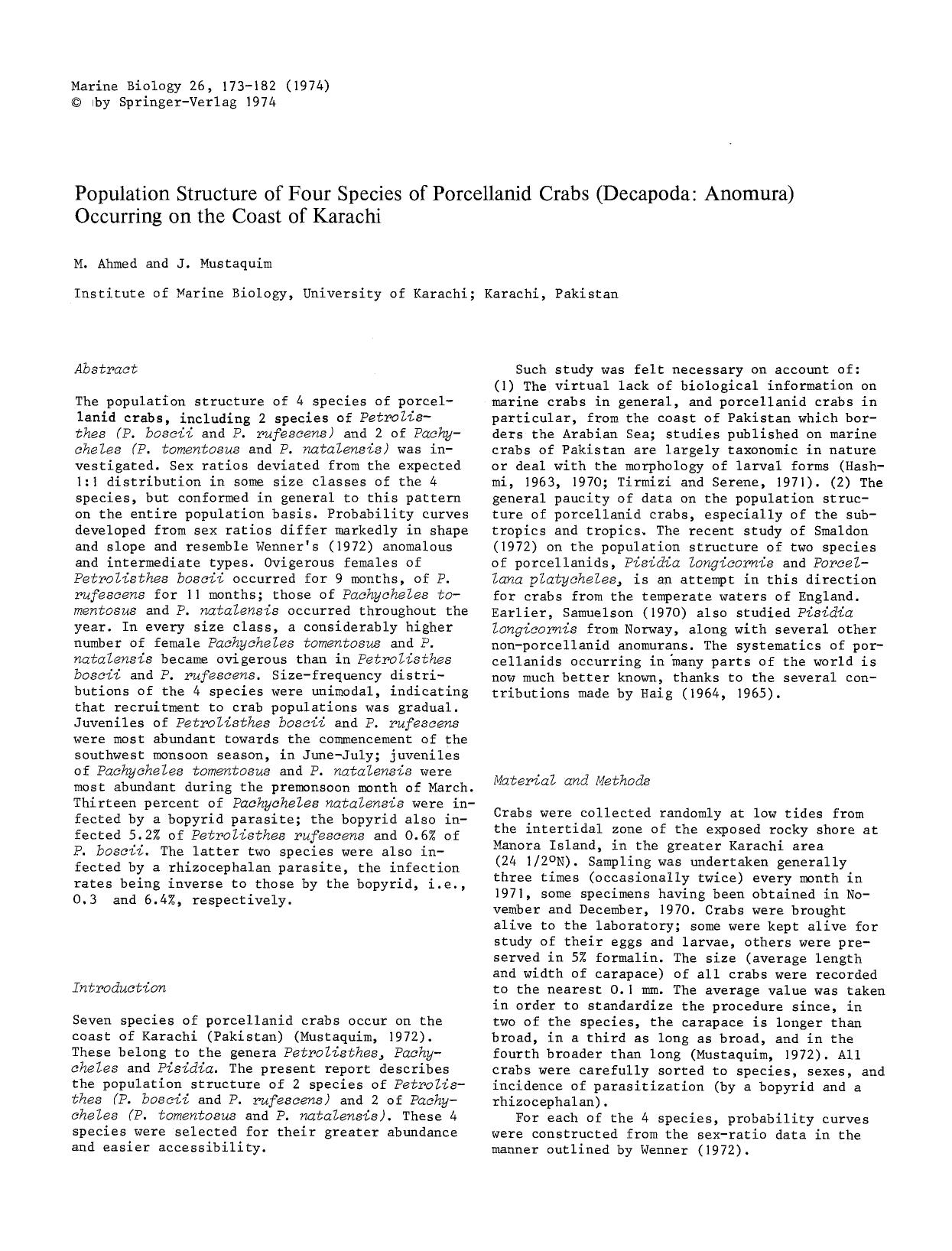 Population structure of four species of porcellanid crabs (Decapoda: Anomura) occurring on the coast of Karachi by Unknown