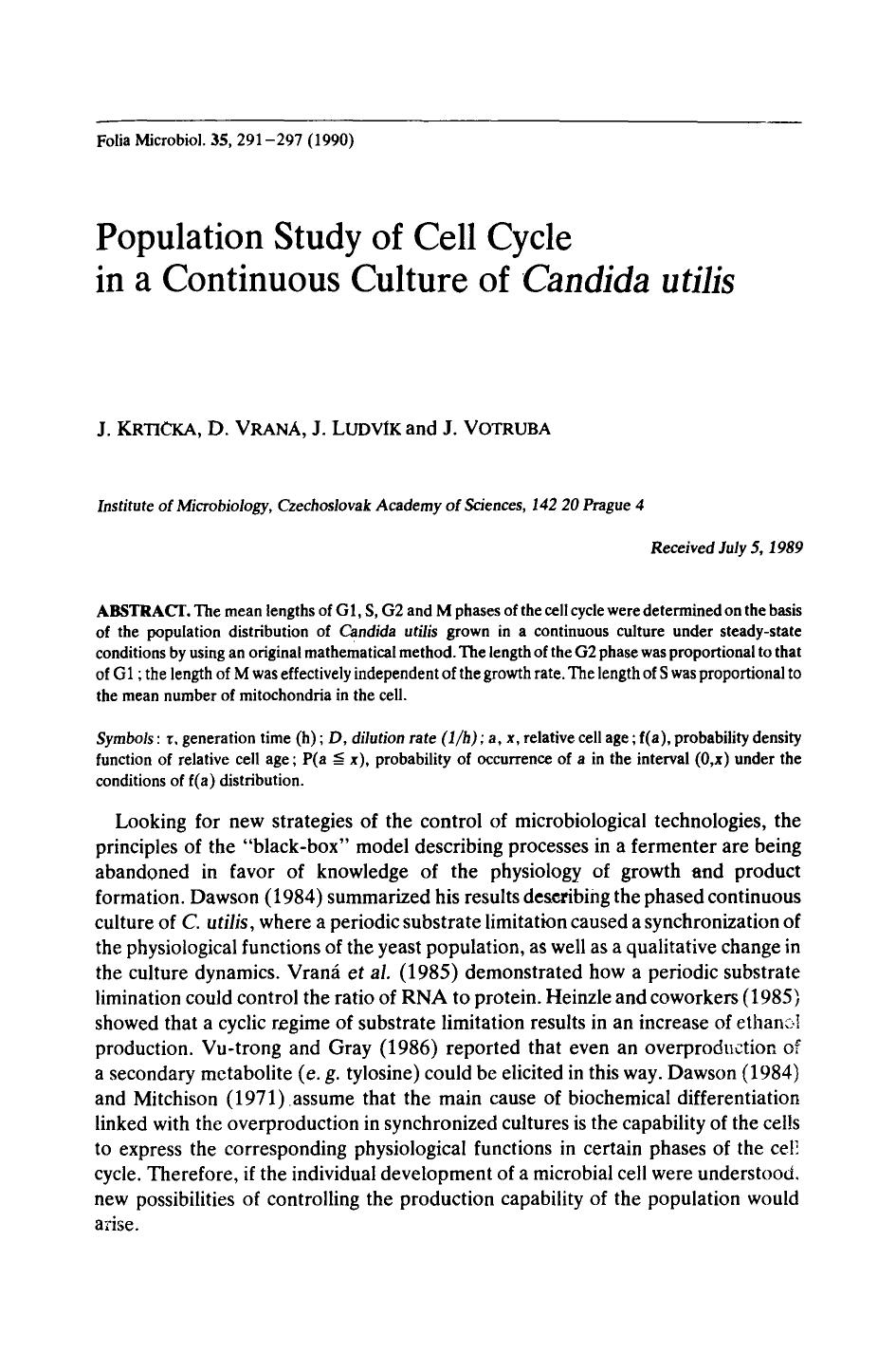 Population study of cell cycle in a continuous culture of <Emphasis Type="Italic">Candida utilis <Emphasis> by Unknown
