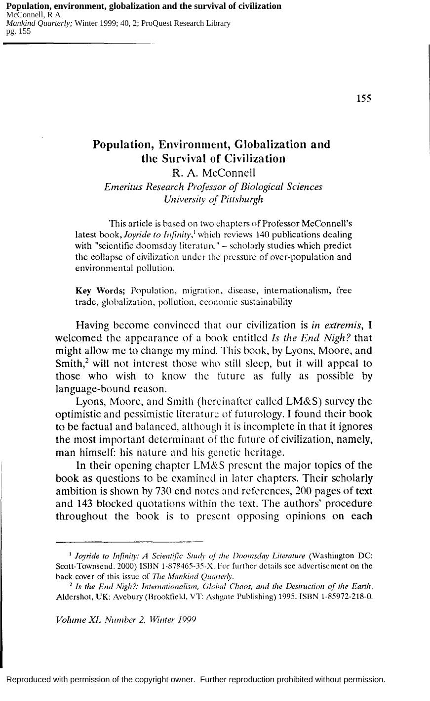 Population, Environment, Globalization and the Survival of Civilization (1999) by R. A. McConnell by Unknown