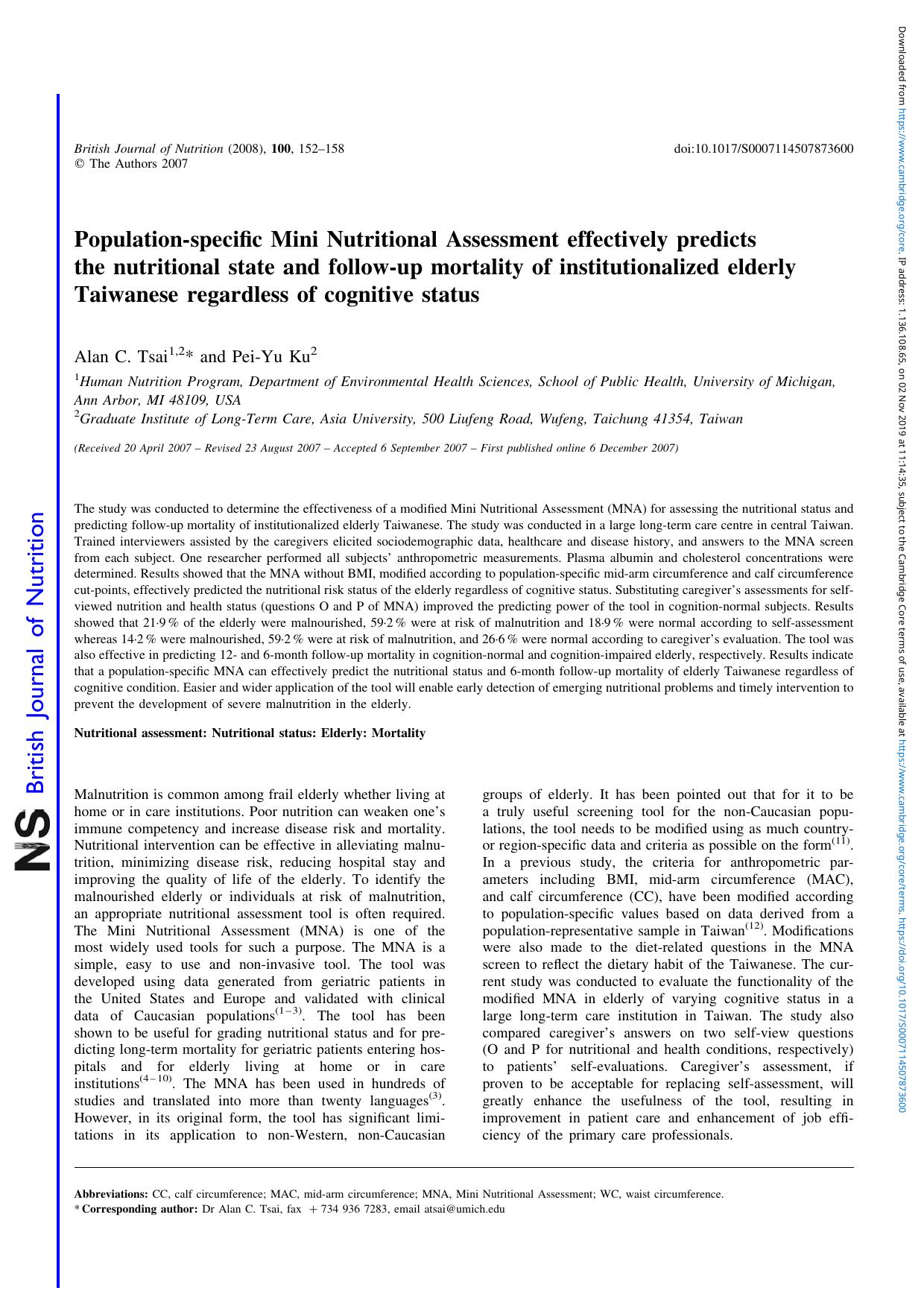 Population-specific Mini Nutritional Assessment effectively predicts the nutritional state and follow-up mortality of institutionalized elderly Taiwanese regardless of cognitive status by Alan C. Tsai Pei-Yu Ku