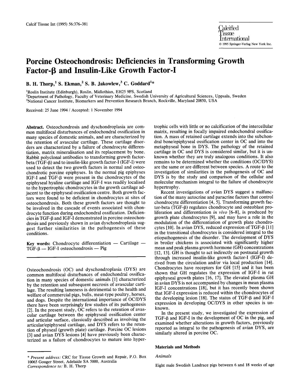 Porcine osteochondrosis: Deficiencies in transforming growth factor-β and insulin-like growth factor-I by Unknown
