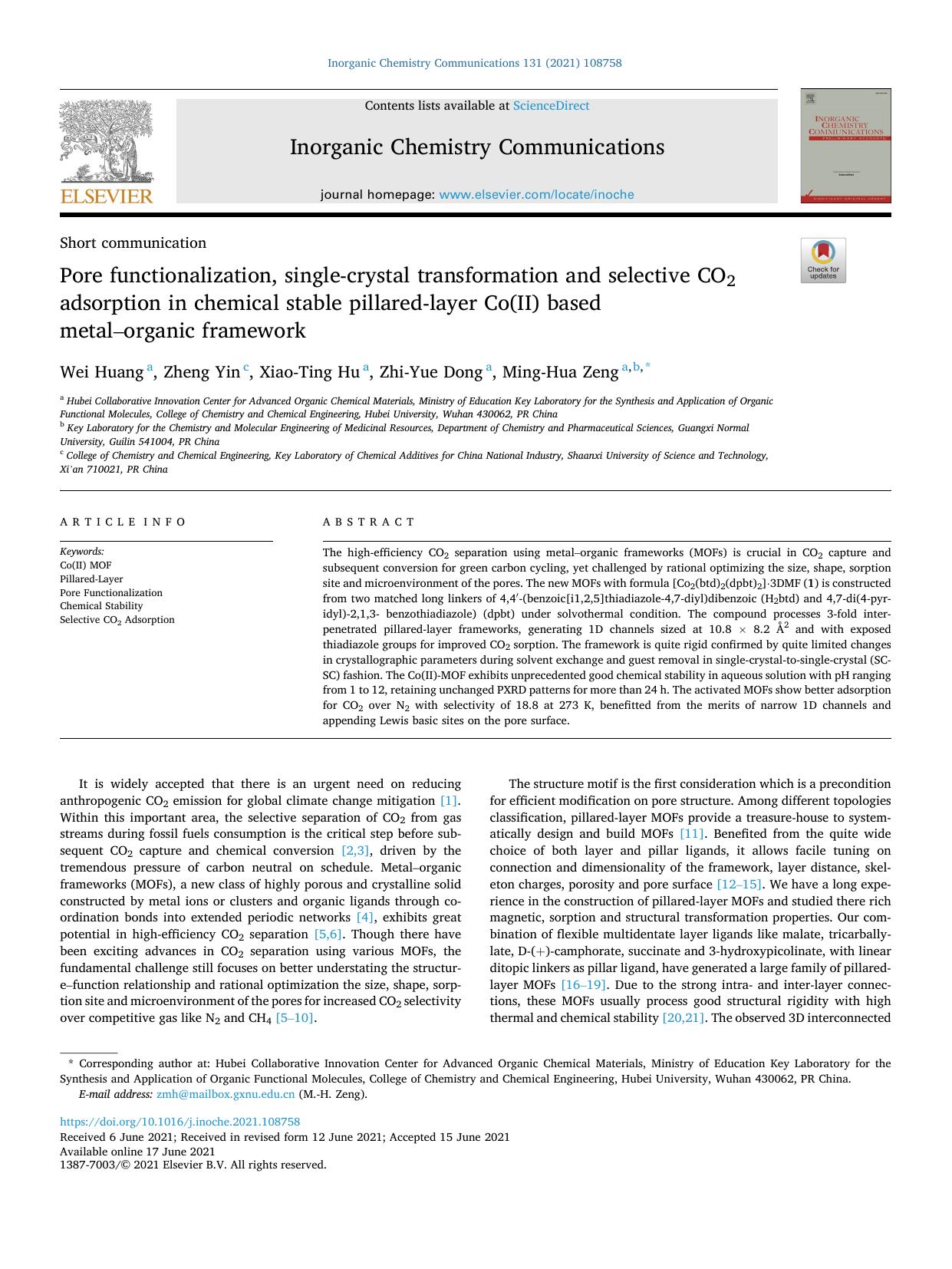 Pore functionalization, single-crystal transformation and selective CO2 adsorption in chemical stable pillared-layer Co(II) based metalâorganic framework by Wei Huang