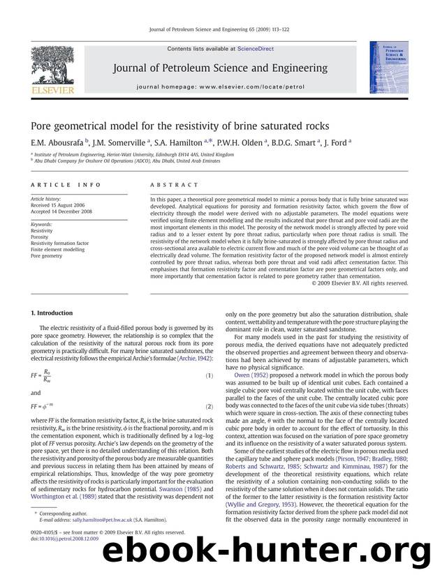 Pore geometrical model for the resistivity of brine saturated rocks by E.M. Abousrafa; J.M. Somerville; S.A. Hamilton; P.W.H. Olden; B.D.G. Smart; J. Ford