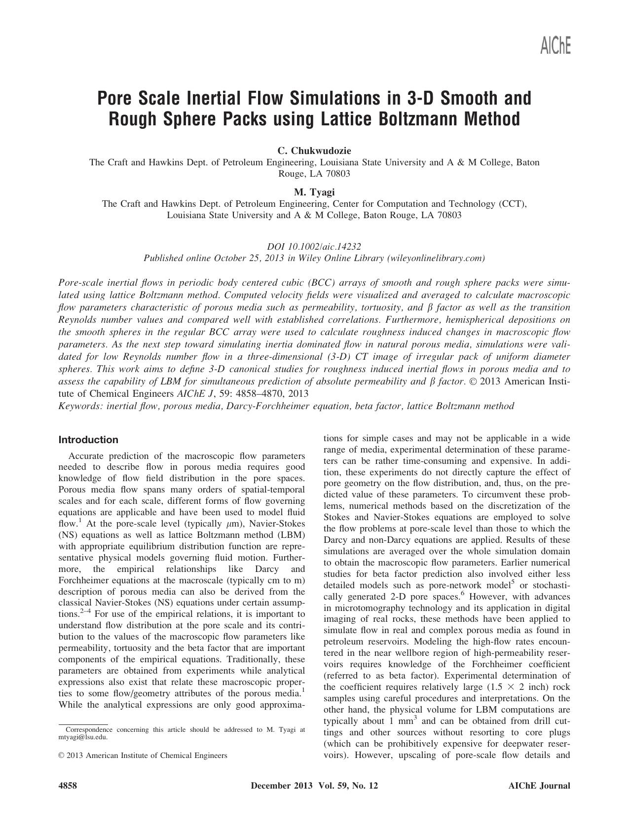 Pore scale inertial flow simulations in 3D smooth and rough sphere packs using lattice Boltzmann method by Unknown