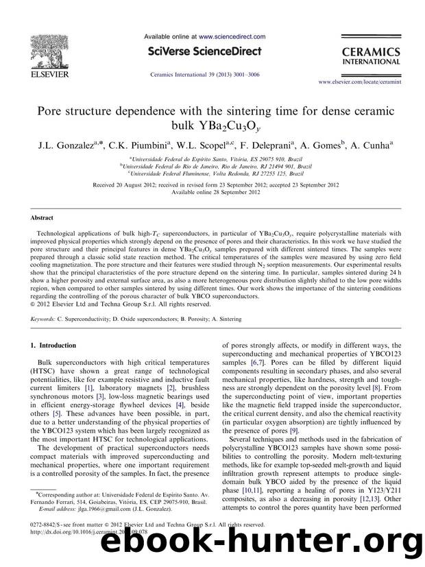 Pore structure dependence with the sintering time for dense ceramic bulk YBa2Cu3Oy by J.L. Gonzalez & C.K. Piumbini & W.L. Scopel & F. Deleprani & A. Gomes & A. Cunha