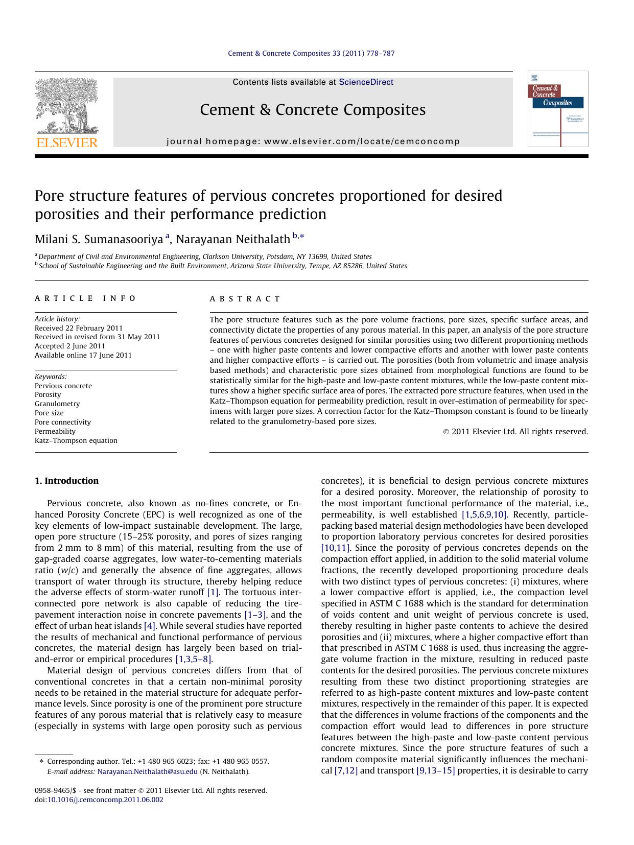 Pore structure features of pervious concretes proportioned for desired porosities and their performance prediction by Milani S. Sumanasooriya & Narayanan Neithalath