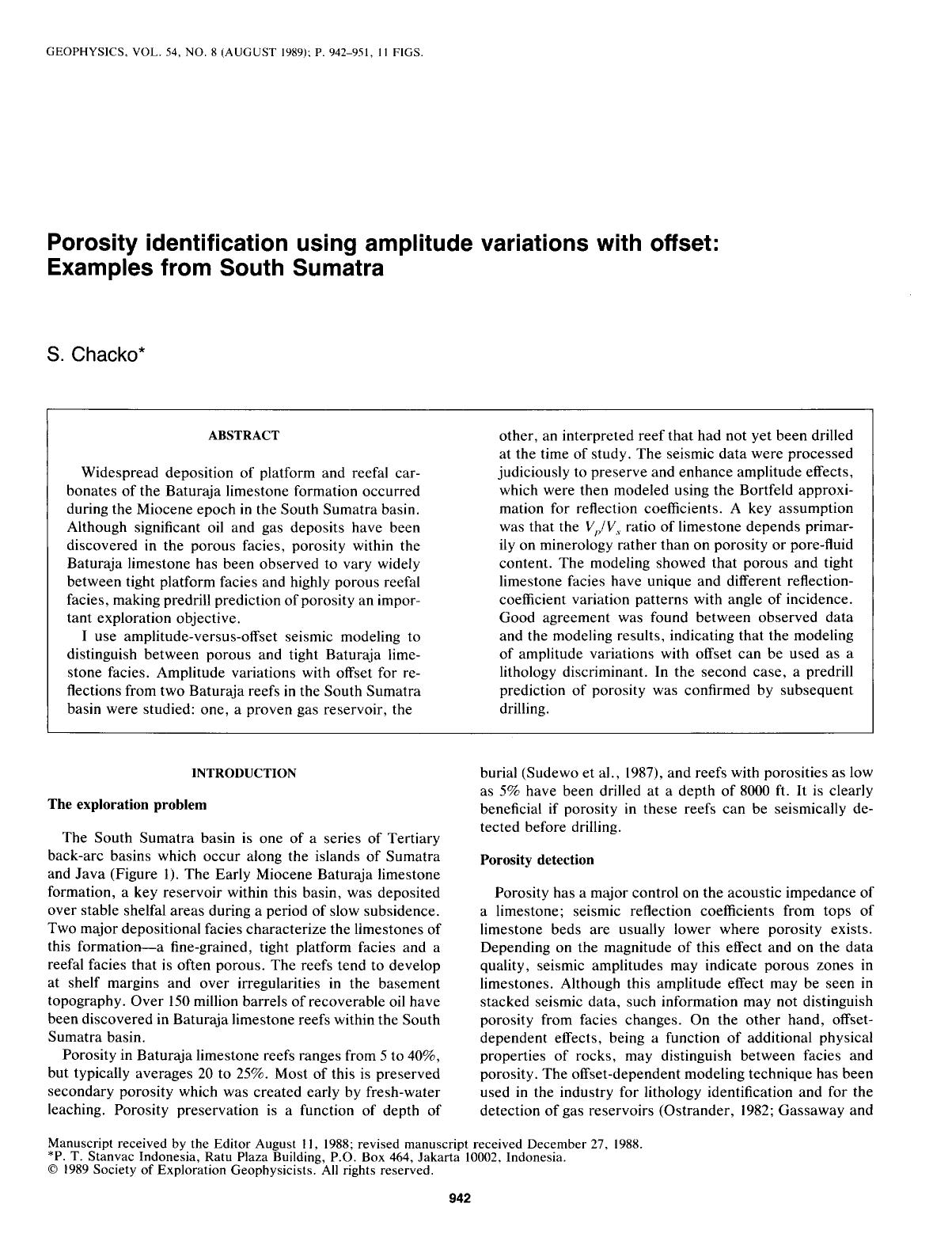 Porosity identification using amplitude variations with offset: Examples from South Sumatra by Chacko S
