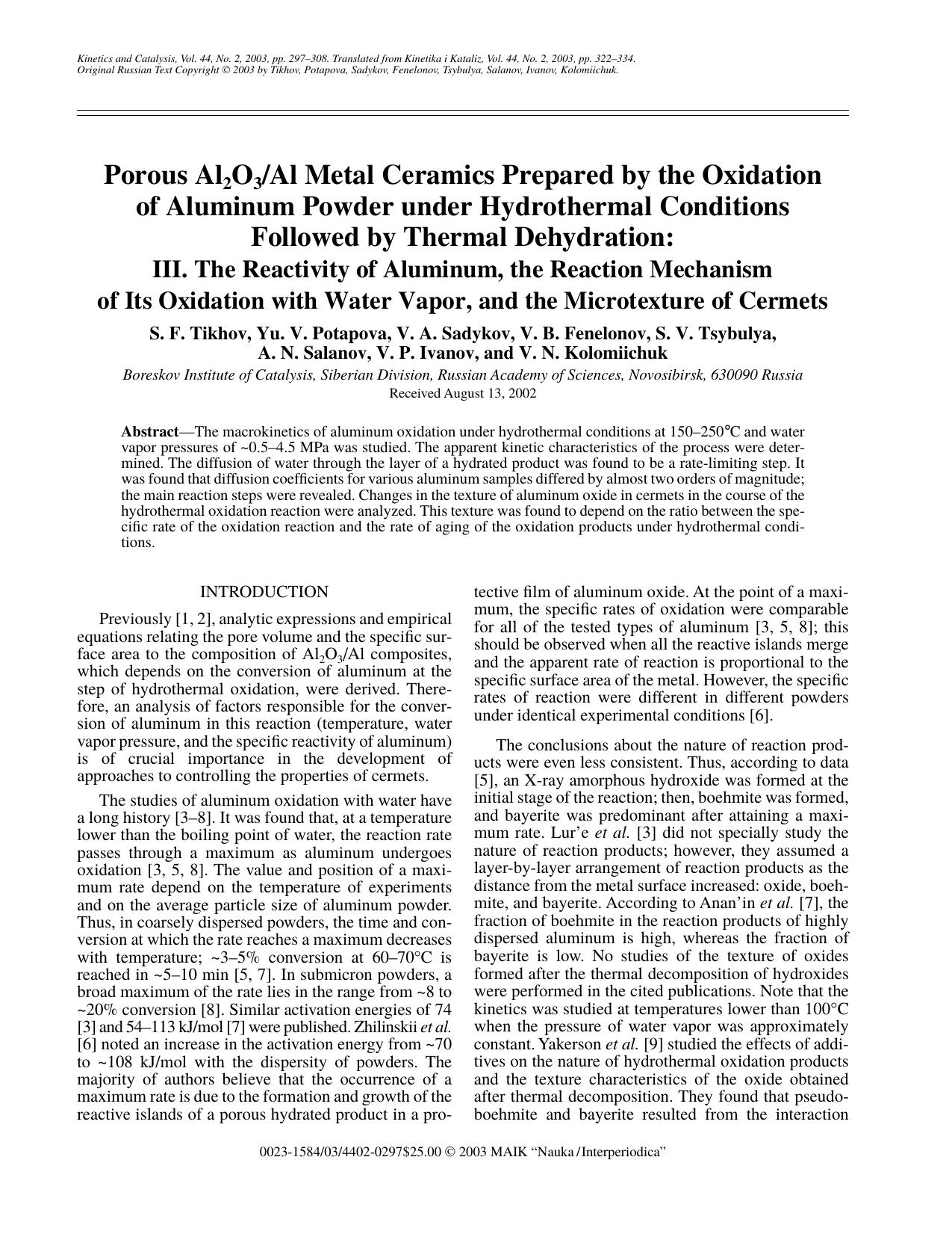 Porous Al<Subscript>2<Subscript>O<Subscript>3<Subscript>Al Metal Ceramics Prepared by the Oxidation of Aluminum Powder under Hydrothermal Conditions Followed by Thermal Dehydration by Unknown