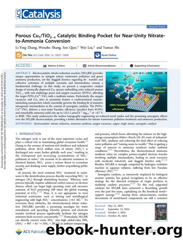 Porous Cu1TiO2âx Catalytic Binding Pocket for Near-Unity Nitrate-to-Ammonia Conversion by Li-Ying Zhang Wenzhe Shang Sen Qiao Wei Liu & Yantao Shi