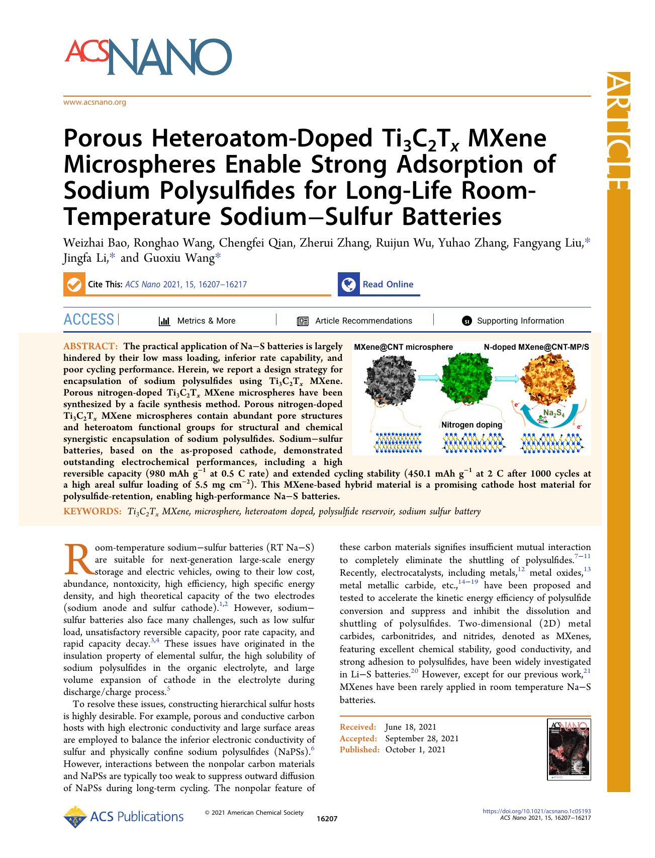 Porous Heteroatom-Doped Ti3C2Tx MXene Microspheres Enable Strong Adsorption of Sodium Polysulfides for Long-Life Room-Temperature SodiumâSulfur Batteries by unknow
