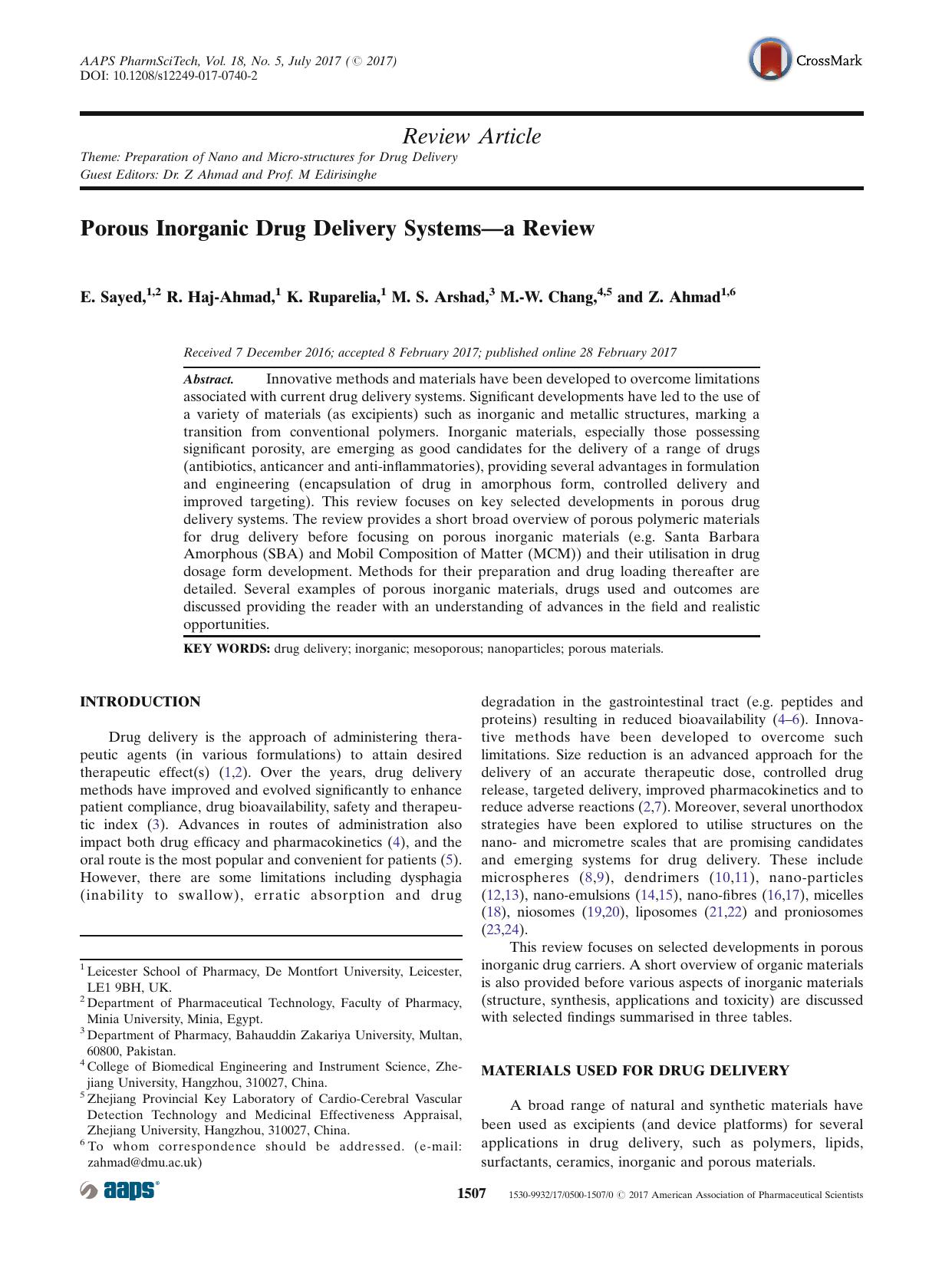 Porous Inorganic Drug Delivery Systemsâa Review by E. Sayed & R. Haj-Ahmad & K. Ruparelia & M. S. Arshad & M.-W. Chang & Z. Ahmad