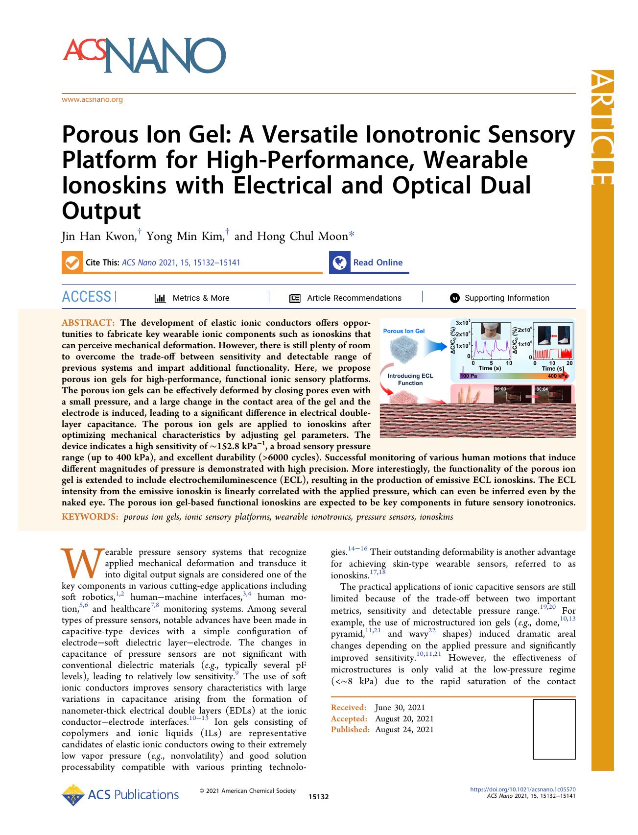Porous Ion Gel: A Versatile Ionotronic Sensory Platform for High-Performance, Wearable Ionoskins with Electrical and Optical Dual Output by Jin Han Kwon Yong Min Kim and Hong Chul Moon