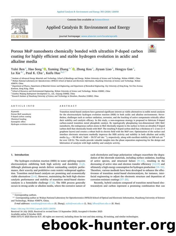 Porous MoP nanosheets chemically bonded with ultrathin P-doped carbon coating for highly efficient and stable hydrogen evolution in acidic and alkaline media by Yulei Ren