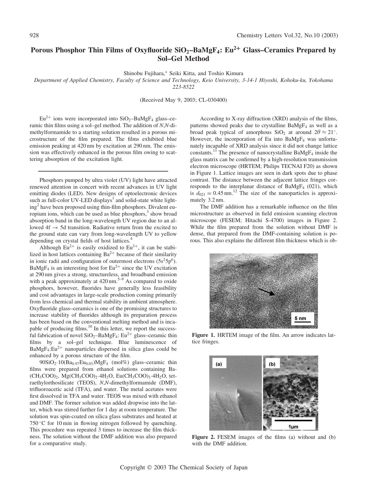 Porous Phosphor Thin Films of Oxyfluoride SiO_{2}--BaMgF_{4}: Eu^{2+} Glass--Ceramics Prepared by Sol--Gel Method by Shinobu Fujihara Seiki Kitta and Toshio Kimura