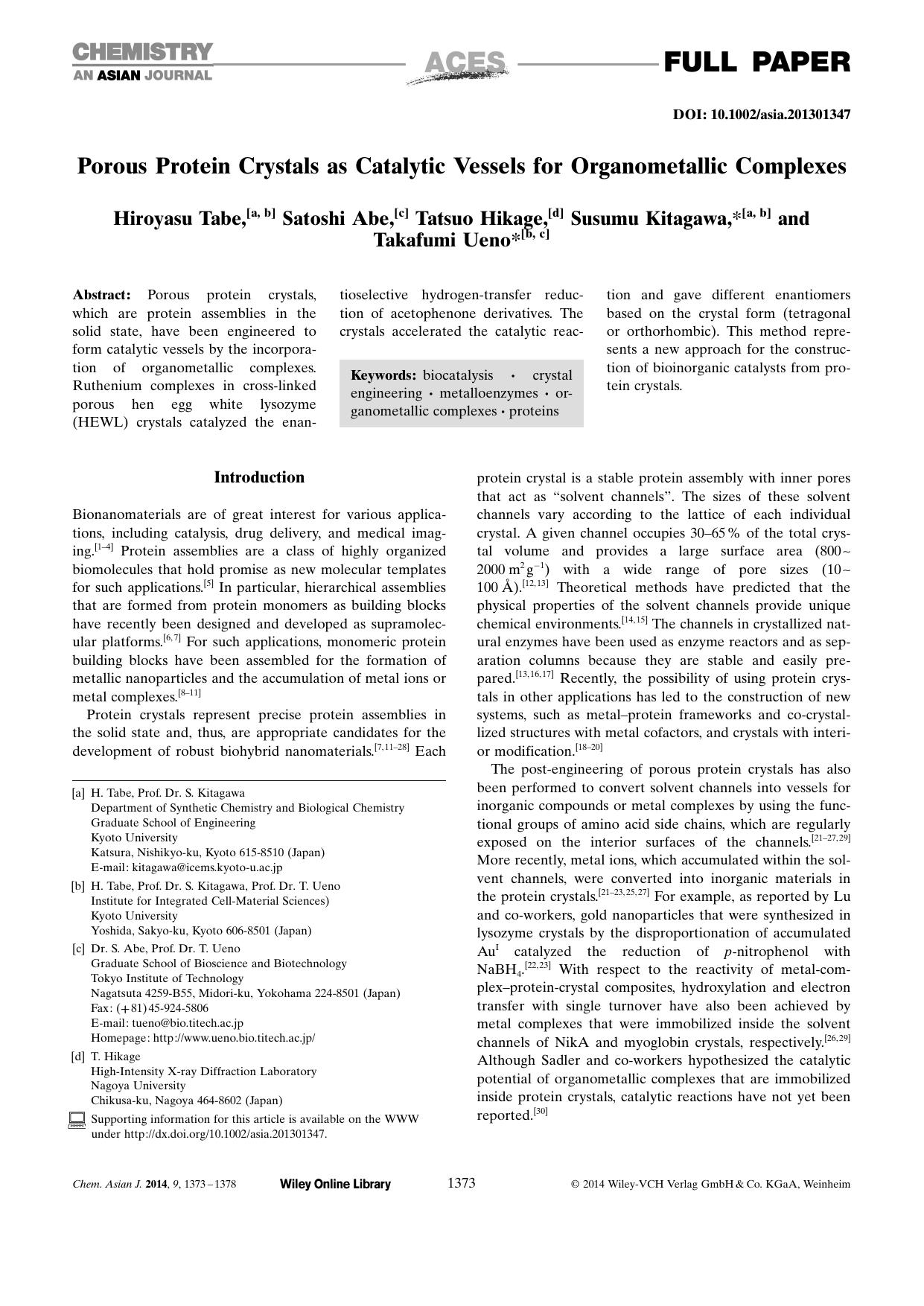 Porous Protein Crystals as Catalytic Vessels for Organometallic Complexes by Unknown