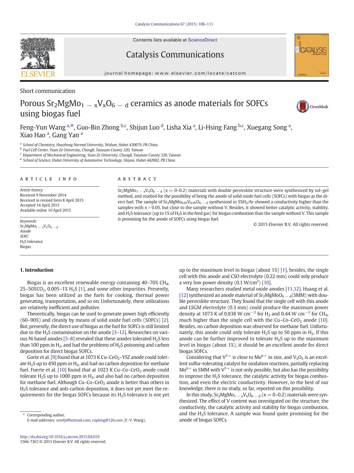 Porous Sr2MgMo1âxVxO6âd ceramics as anode materials for SOFCs using biogas fuel by unknow