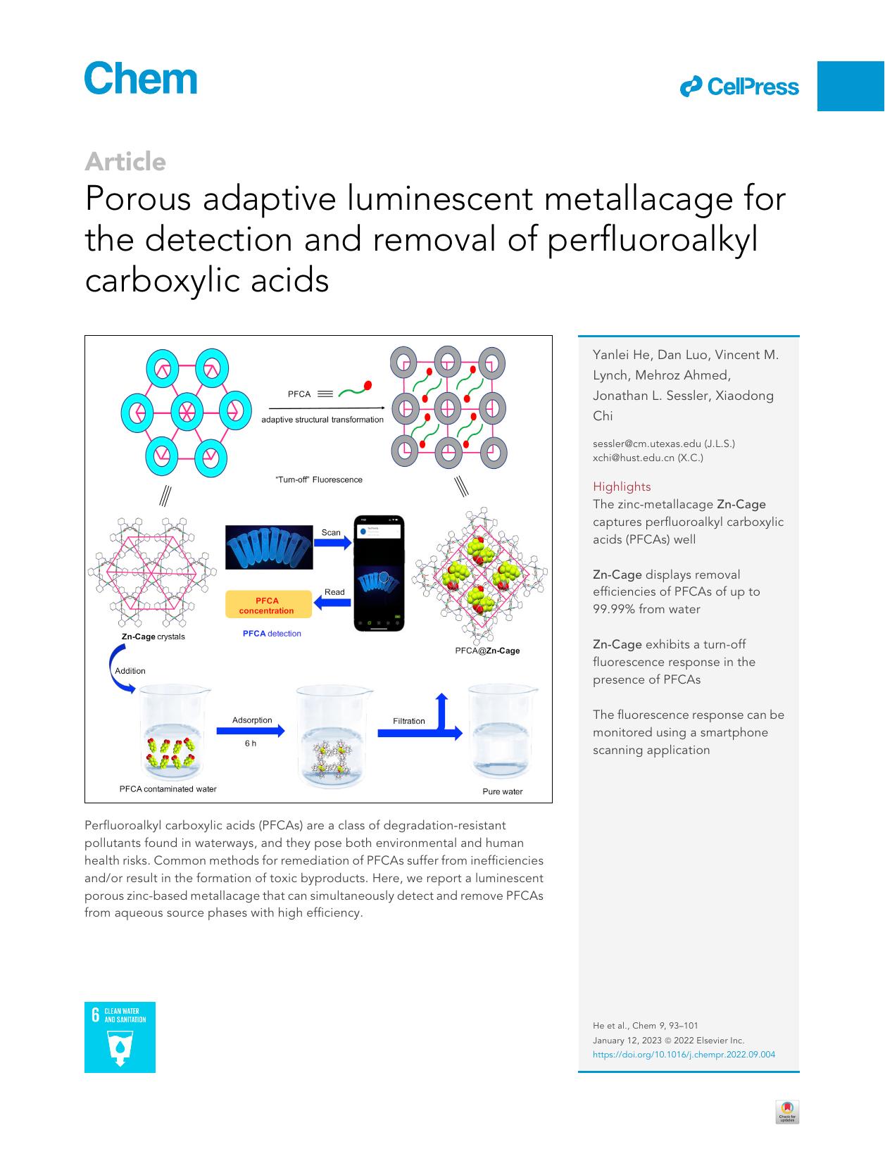 Porous adaptive luminescent metallacage for the detection and removal of perfluoroalkyl carboxylic acids by Yanlei He & Dan Luo & Vincent M. Lynch & Mehroz Ahmed & Jonathan L. Sessler & Xiaodong Chi