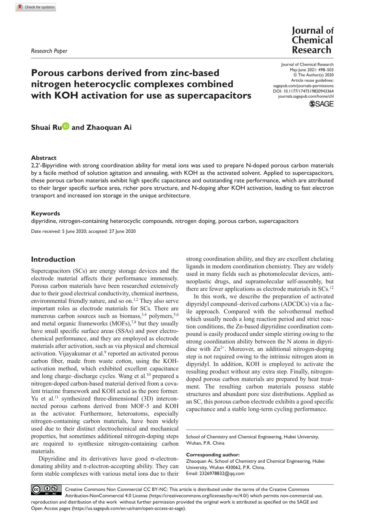 Porous carbons derived from zinc-based nitrogen heterocyclic complexes combined with KOH activation for use as supercapacitors by Shuai Ru & Zhaoquan Ai